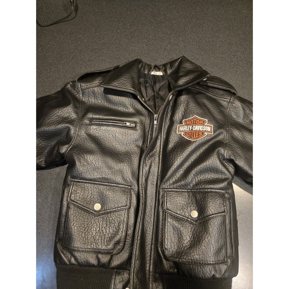 Harley Davidson Youth L Black Faux Leather Bomber Jacket Womens XS Y2K...